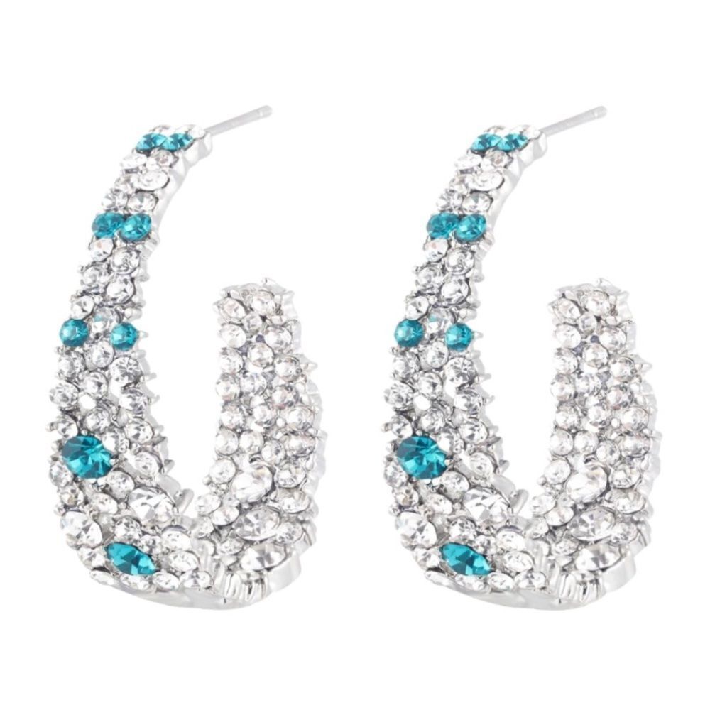 18k White Gold 925 Sterling Silver Diamond and Aquamarine Crystal Hoop Earrings